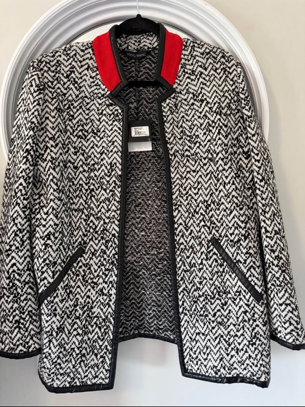 Ming Wang Black & White Patterned Jacket with Red Collar
